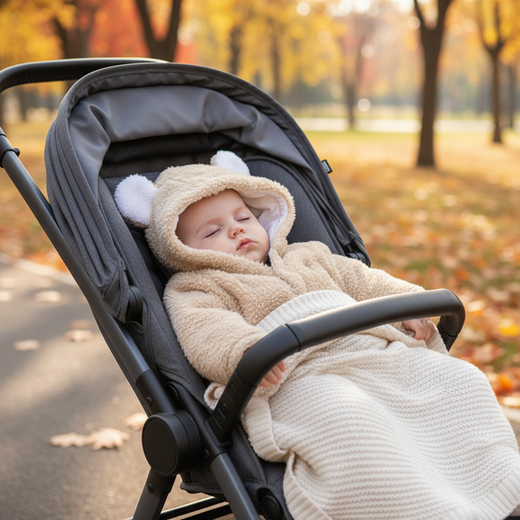 Bambino in tutina beige nel passeggino