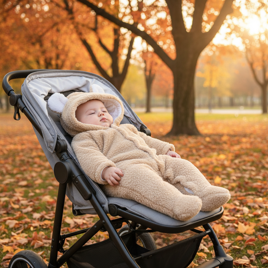 Bambino in tutina beige nel passeggino