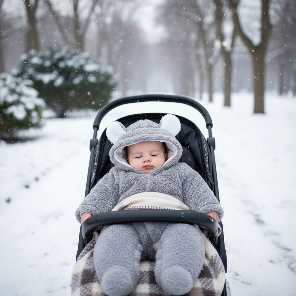Bambino in tutina grigia nel passeggino