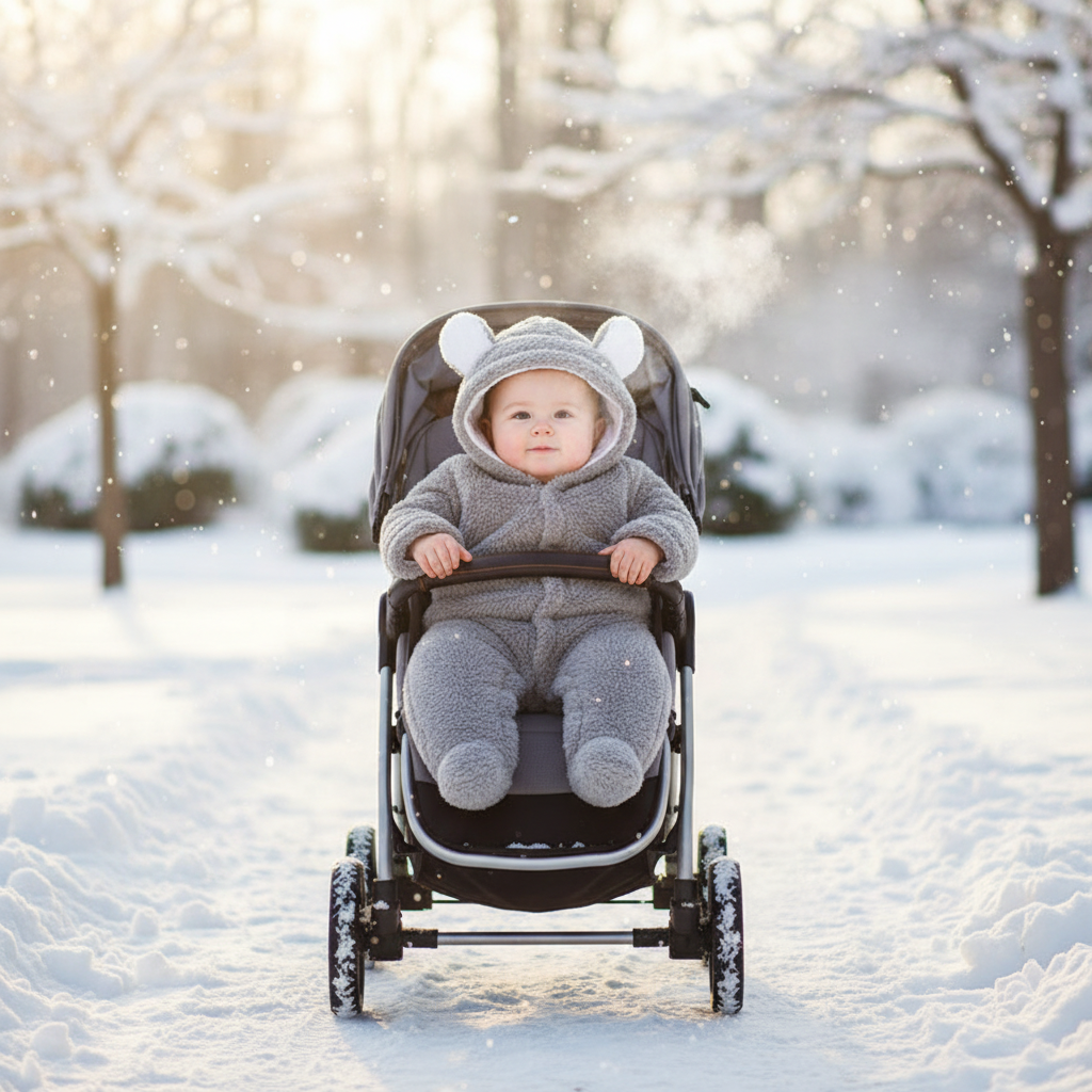 Bambino in tutina grigia nel passeggino