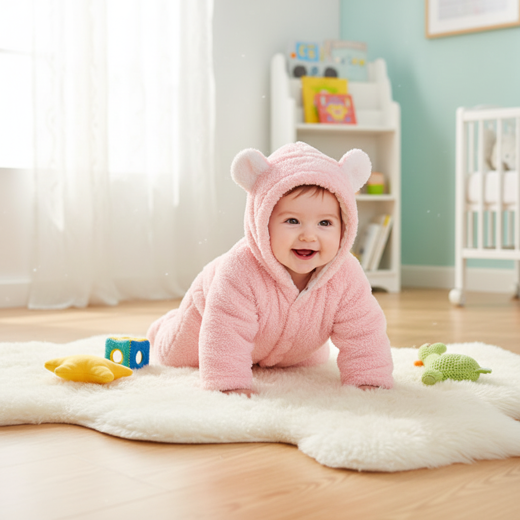 Bambino in tutina rosa che gioca