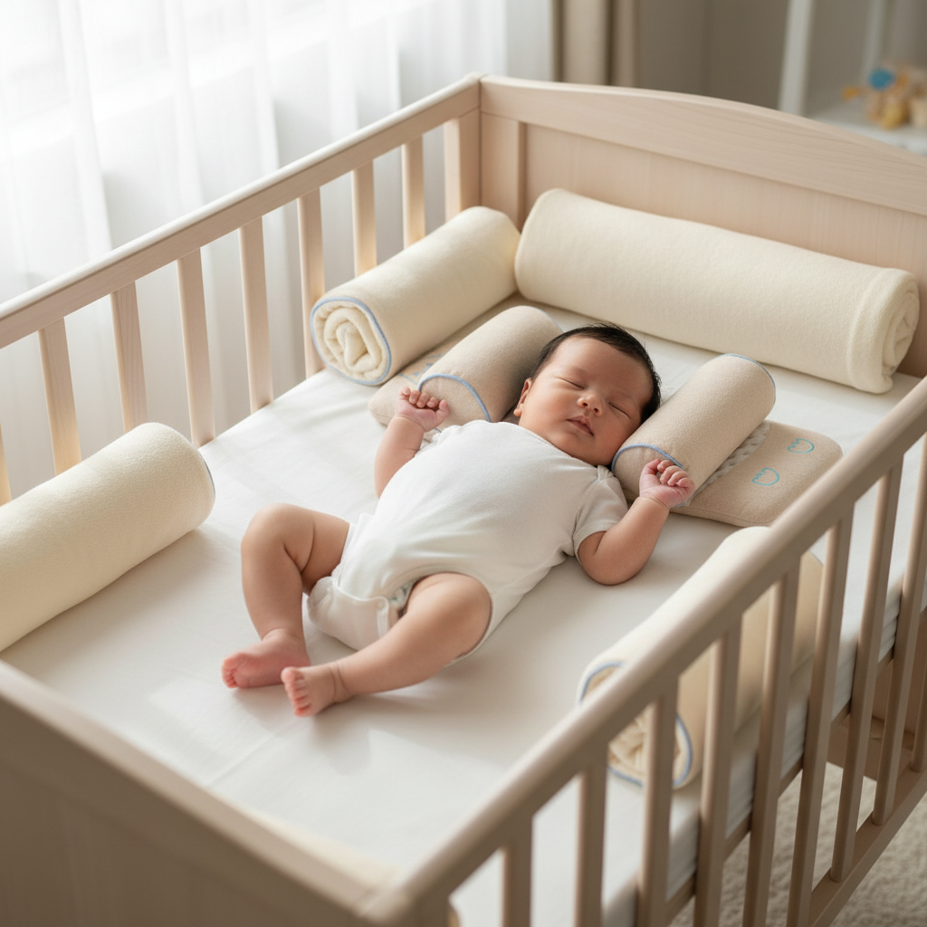 Neonato nel lettino con cuscino ergonomico